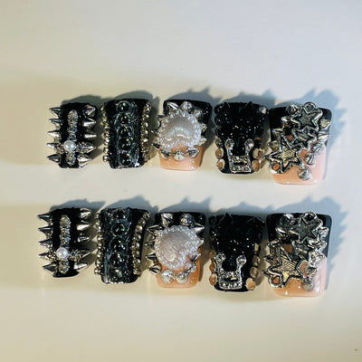 Duck Press On Nails - Black nude gothic punk glam, silver spikes, 3...