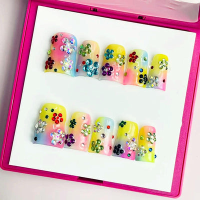 Duck Press On Nails - Pastel rainbow gradient, colorful rhinestone...