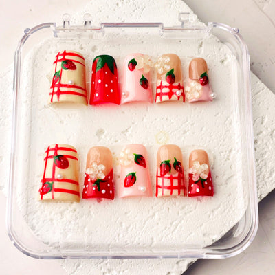 Duck Press On Nails - Cottagecore strawberry nails, red plaid, whit...
