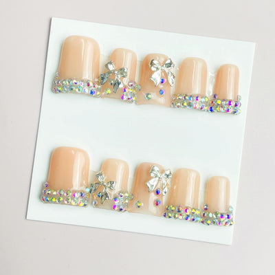 Duck Press On Nails - Nude marble design, rhinestone gold star decor