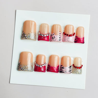 Duck Press On Nails - Purple french tip design, 3d crystal flower gems