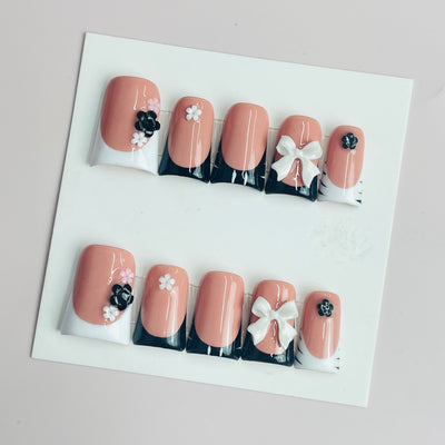 Duck Press On Nails - Pink french tip design, rhinestone heart accents