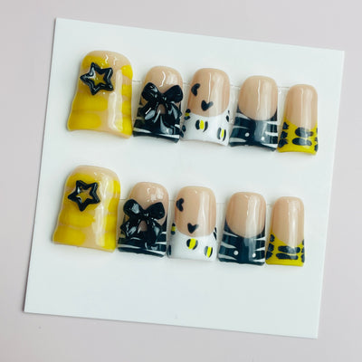 Duck Press On Nails - White rhinestone design, silver border accents
