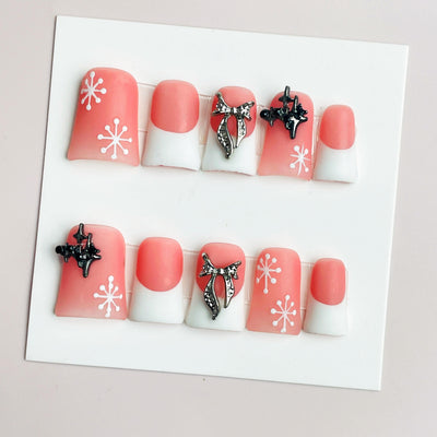 Duck Press On Nails - Blue french tip design, silver rhinestone border