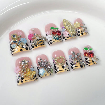 Duck Press On Nails - Purple glitter design, rhinestone star cuticl...