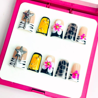 Duck Press On Nails - Rainbow glitter design, rhinestone flower acc...
