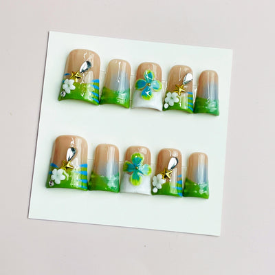 Duck Press On Nails - Blue french tip design, silver rhinestone border