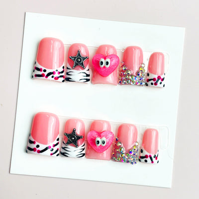 Duck Press On Nails - Blue marble design, rhinestone heart cuticle...