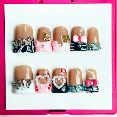 Duck Press On Nails - Black glossy design, rhinestone gem accents