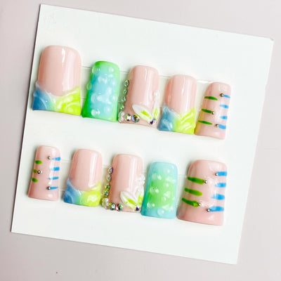 Duck Press On Nails - Purple french tip design, 3d crystal flower gems