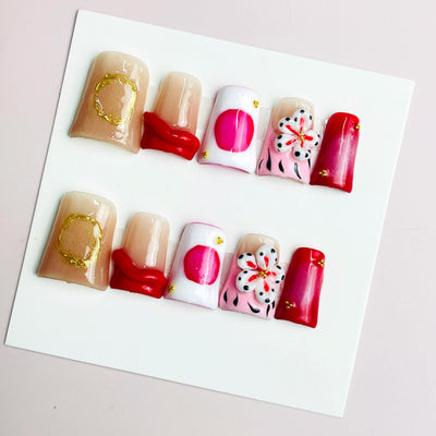 Duck Press On Nails - Pink french tip design, rhinestone heart accents