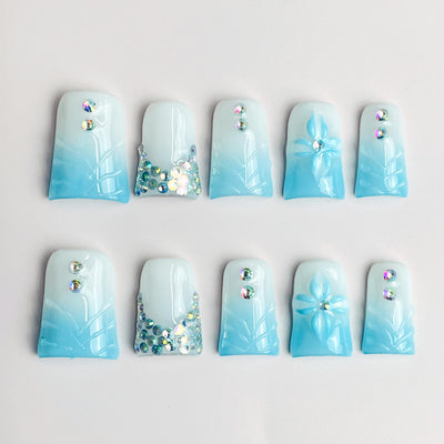 Duck Press On Nails - Green glitter design, rhinestone bow decorations