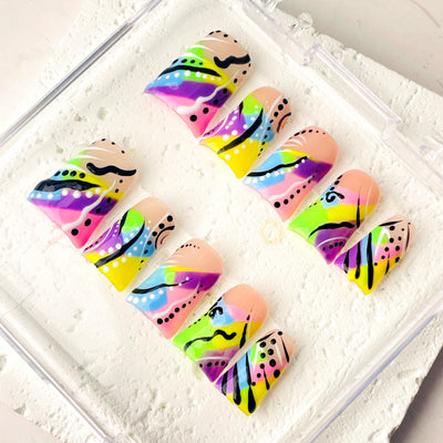 Duck Press On Nails - Pink glitter design, 3d bow rhinestone charms