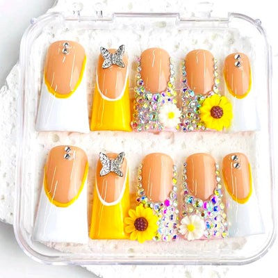 Duck Press On Nails - Red glitter design, rhinestone lotus flower c...