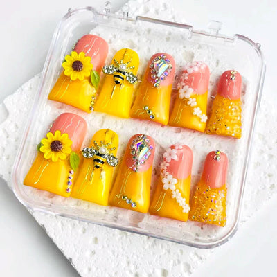 Duck Press On Nails - Red marble design, rhinestone gem cluster acc...