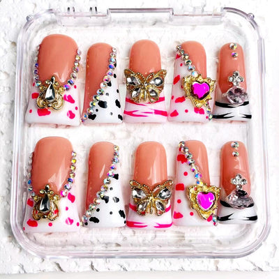 Duck Press On Nails - Black cherry glossy design, rhinestone decora...