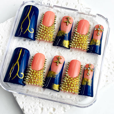 Duck Press On Nails - Red glitter design, rhinestone lotus flower c...