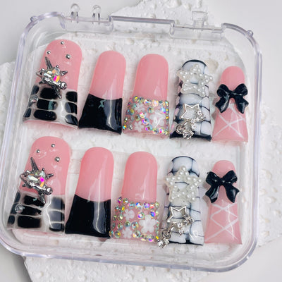 Duck Press On Nails - Pink pearl design, rhinestone crystal flower...