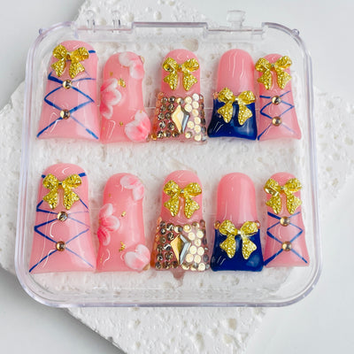 Duck Press On Nails - White glitter design, rhinestone daisy flower...