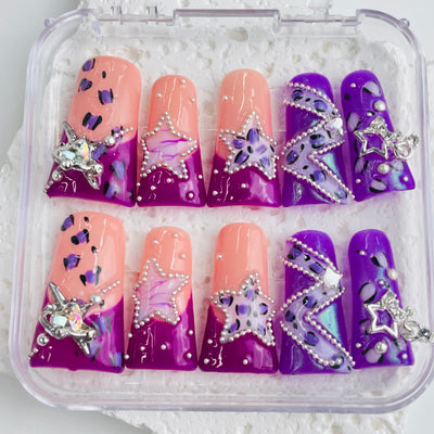 Duck Press On Nails - Pink glitter design, 3d bow rhinestone charms